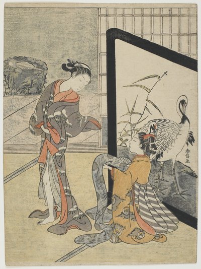 Getting Dressed, 1765-69 (barevný dřevořez) od Suzuki Harunobu