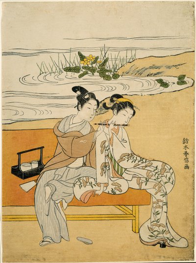 Milenci hrající stejnou hru (parodie na Xuanzonga a Yang Guifei), kolem roku 1767 (barevný dřevoryt; chuban) od Suzuki Harunobu
