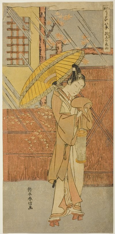 Noční déšť Genjo (Genjo no yau), ze série „Parodie osmi scén z Noh Chants (Furyu utai hakkei)“ od Suzuki Harunobu