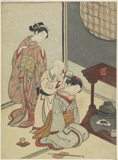 Noční déšť na čajovém stánku, po roce 1766 (barevný dřevořez) od Suzuki Harunobu