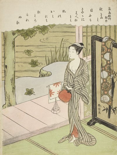 Báseň Fujiwara no Toshiyuki, z nepojmenované série Třicet šest nesmrtelných básníků, cca 1767-68 od Suzuki Harunobu