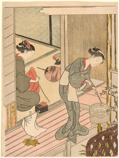 Vracející se plachty věšáku na ručníky (Tenugui-kake no kihan), ze série „Osm pohledů na salon (Zashiki hakkei)“ od Suzuki Harunobu