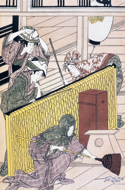 Sluha honí myši v domě, umělecký tisk ukiyo-e od Suzuki Harunobu (1725-1770), dřevoryt, japonská civilizace, období Edo od Suzuki Harunobu