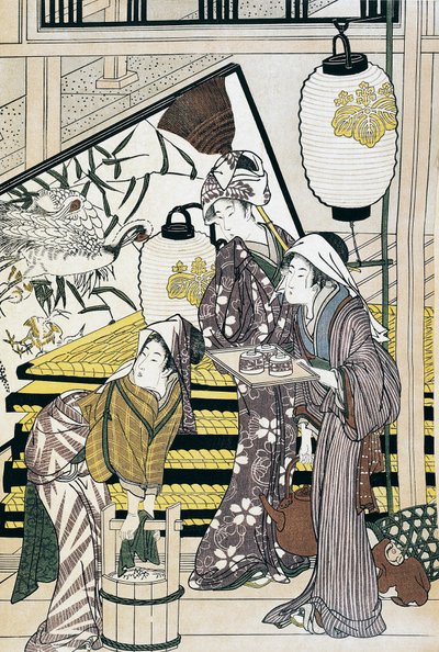 Sluhové dřející doma, umělecký tisk ukiyo-e od Suzuki Harunobu (1725-1770), dřevoryt, japonská civilizace, období Edo od Suzuki Harunobu