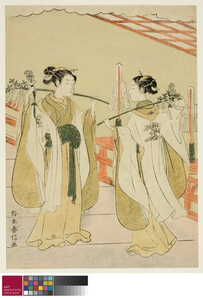Shrine Maidens Onami and Ohatsu Dancing at Yushima Tenjin Shrine, c.1769 od Suzuki Harunobu
