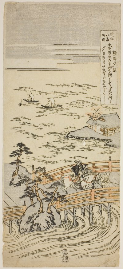 Sunset Glow at Seta (Seta Sekisho), ze série "Osm pohledů na Omi (Omi Hakkei No Uchi)" od Suzuki Harunobu