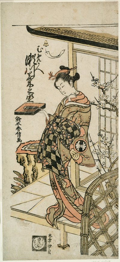 Herec Segawa Kikunojo II jako kurtizána Umegae ve hře „Hiragana Seisuiki“, která vystoupila v divadle Ichimura v prvním měsíci roku 1764. od Suzuki Harunobu