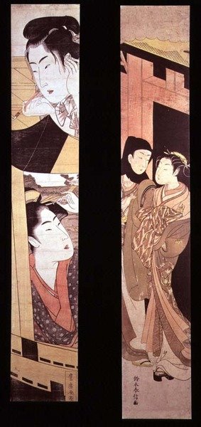 The Assignation: Two Lovers at a Gate, cca 1768 (barevný dřevořez) od Suzuki Harunobu