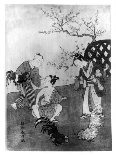 The Cockfight (dřevěný tisk) od Suzuki Harunobu