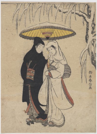 Orientální umění: Mladí milenci spolu chodí pod deštníkem ve sněhové bouři par Harunobu, Suzuki (1724-1770), cca 1769. Barevný dřevoryt, 25,7x19,1. Soukromá sbírka od Suzuki Harunobu