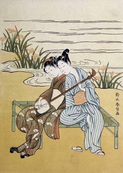 Šamisen: pár hrající šamisen (nebo samisen: loutna s dlouhým rukávem se třemi strunami) – od Harunoboua, v „Japan artistique““, červenec 1890 od Suzuki Harunobu