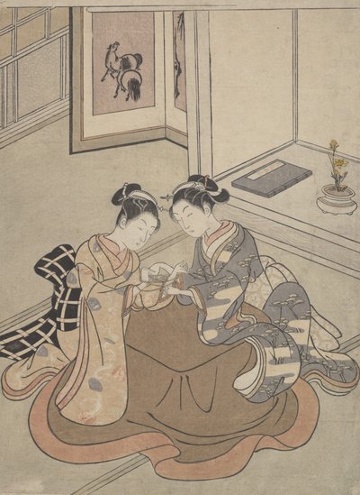Dvě mladé ženy sedící u kotatsu hrající kočičí kolébku, ca. 1765, ca. 1765. od Suzuki Harunobu