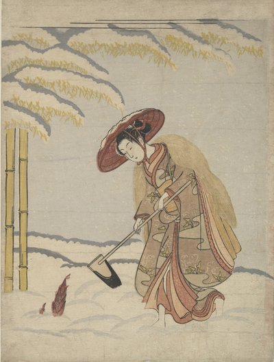 Žena kopající bambusové výhonky ve sněhu aneb Parodie na Meng Zong Moso, z 20. let..., ca. 1765. od Suzuki Harunobu