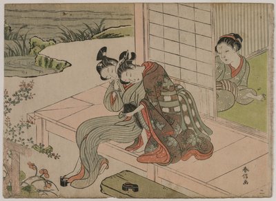 Žena sleduje mladý pár objetí na verandě, konec 1760. od Suzuki Harunobu