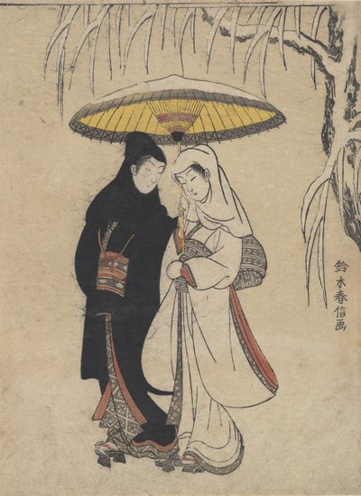 Mladí milenci, kteří spolu chodí pod deštníkem ve sněhové bouři Vrána a volavka, ca. ..., ca. 1769. od Suzuki Harunobu