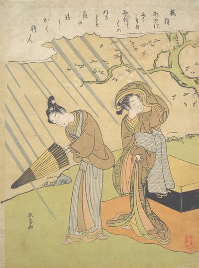 Mladý muž a žena chyceni v dešti, když si užívali třešňové květy Sakura-gari..., ca. 1768-70. od Suzuki Harunobu