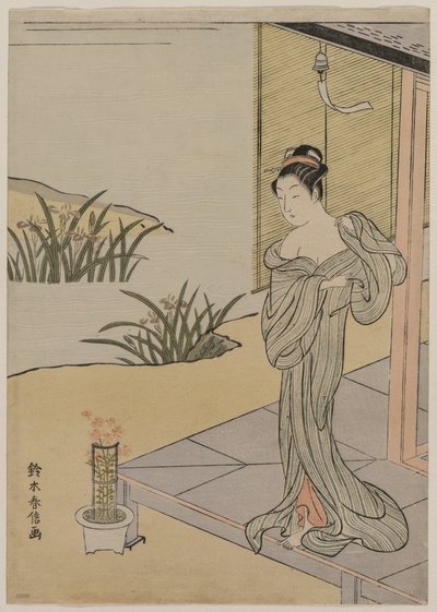 Mladá žena při pohledu na hrnec růžových, c. 1767. od Suzuki Harunobu