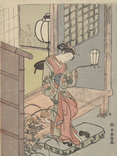 Mladá žena s lucernou, 1765-70 (barevný dřevoryt) od Suzuki Harunobu