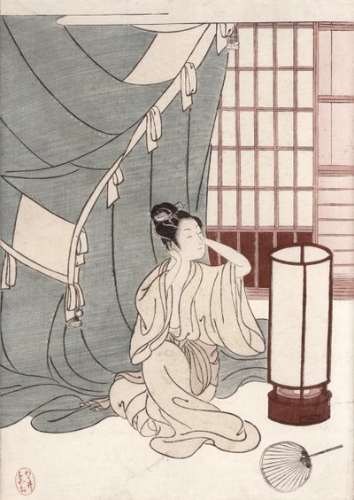 Mladá žena klečící u sítě proti komárům, 1766 (barevný dřevotisk) od Suzuki Harunobu