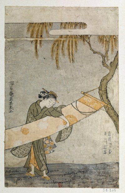 Mladá žena pečující o kakemono připojené ke stromu. Japonský tisk Harunobu Suzuki (1725-1770) od Suzuki Harunobu