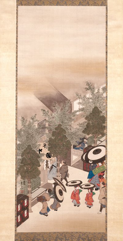 Yoshiwara a Shinagawa (inkoust, barva a zlato na hedvábí) od Suzuki Kiitsu