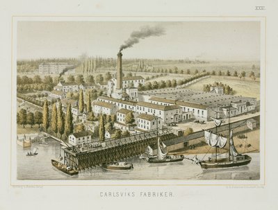Textilní továrna, Carlsviks, Stockholm, Švédsko, kolem roku 1840 (barevné lito) od Swedish School