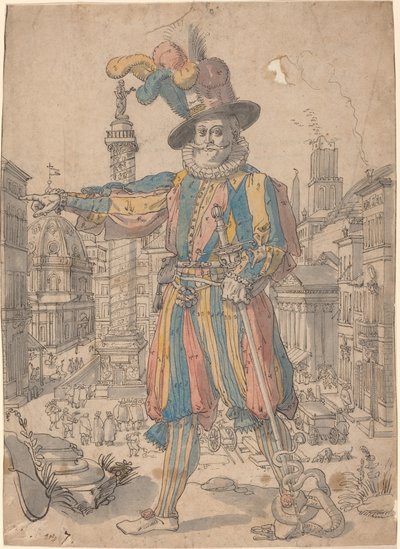 Giovanni Grosso ze švýcarské gardy stojící před výhledem na Řím od Swiss 17th Century after Francesco Villamena