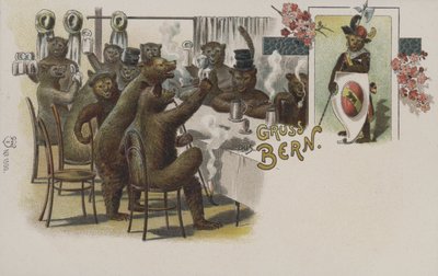 Medvědi pijí pivo, pozdravy z Bernu, Švýcarsko (chromolitho) od Swiss School
