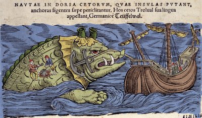 Mořská příšera a loď, ilustrace z 