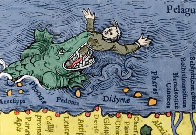 Mořská příšera jí člověka, ilustrace z 