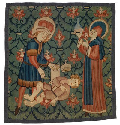 Fragment tapisérie zobrazující sv. Kosmu a sv. Damiána od Swiss School