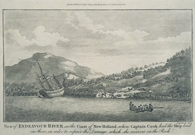Kapitán Cook, který ztroskotal na své cestě kolem světa, nechal opravit Endeavour v přístavu na jednom z Hope Islands, kolem roku 1786 (rytina) od Sydney (after) Parkinson