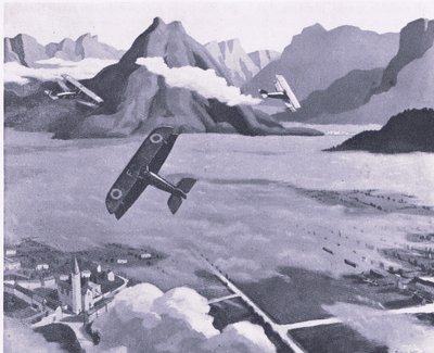 Britští skauti opouštějící své letiště na hlídce nad Asiago Plateau v Itálii z British Adventure vydané Collinsem, 1947 od Sydney Carline