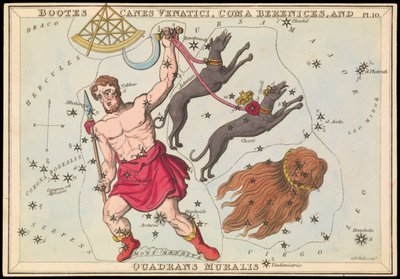 Bootes Canes Venatici, Coma Berenices a Quadrans Muralis, asi 1825 (karta, papír, tkanivo) od Sydney Hall
