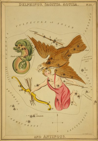 Delphinus, Sagitta, Aquila a Antinous, ilustrace z 