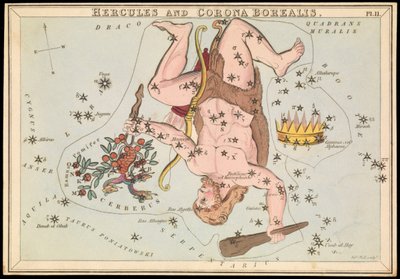 Herkules a Corona Borealis, asi 1825 (karta, papír, hedvábí ) od Sydney Hall