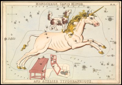 Monoceros, Canis Minor a Atelier Typographique, cca 1825 (karta, papír, hedvábí ) od Sydney Hall