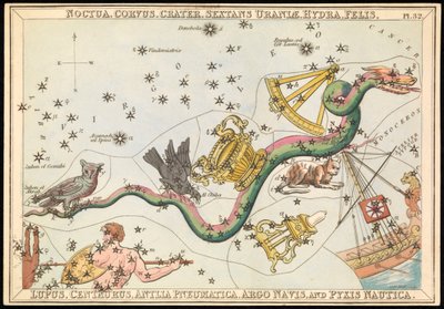 Noctua, Corvus, Crater, Sextans Uraniae, Hydra, Felis, Lupus, Centaurus, Antilia Pnuematica, Argo Navis a Pyix Nautica, asi 1825 (karta, papír, tkanivo) od Sydney Hall