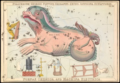 Psalterium Georgii, Fluvius Eridanus, Cetus, Officina Sculptories, Fornax Chemica a Machina Electrica, cca 1825 (karta, papír, tkanivo ) od Sydney Hall