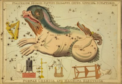 Žaltář Jiří, řeka Eridanus, Cetus, sochařův pracovní list, chemická pec a elektrický stroj, ilustrace z 