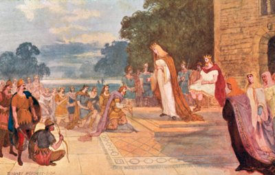 Král Edgar s královnou Elfridou přijímající poctu osmi podřízených princů v Chesteru, 973 našeho letopočtu od Sydney Herbert