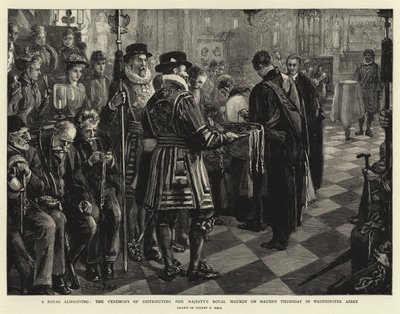 Královská almužna, obřad distribuce královské Maundy Jejího Veličenstva na Zelený čtvrtek ve Westminsterském opatství od Sydney Prior Hall