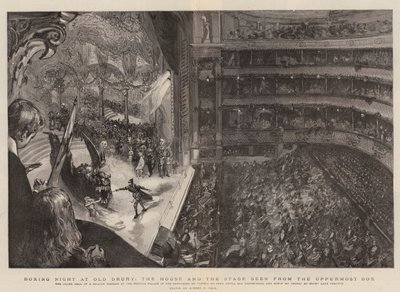 Boxerská noc na Old Drury, dům a jeviště při pohledu z nejvyššího boxu od Sydney Prior Hall