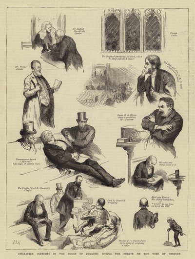 Náčrtky postav v Dolní sněmovně během debaty o hlasování o nedůvěře od Sydney Prior Hall