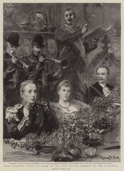 Lord Rosebery vstává, aby promluvil na hostině primátora v Guildhall od Sydney Prior Hall