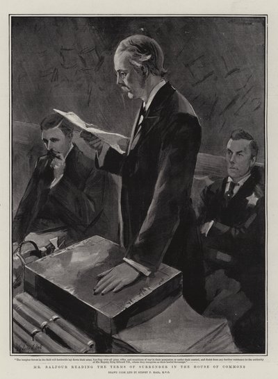Pan Balfour čte v Dolní sněmovně podmínky kapitulace od Sydney Prior Hall