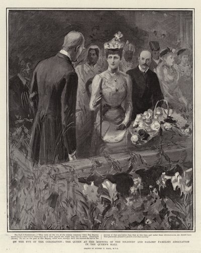 V předvečer korunovace královna na setkání Sdružení rodin vojáků a námořníků v Královnině síni od Sydney Prior Hall