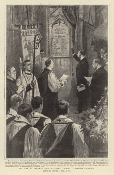 Prohlídka vévody z Cornwallu, odhalení desky v katedrále v Adelaide od Sydney Prior Hall