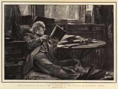 Večer svých dnů, pan Gladstone v knihovně na zámku Hawarden od Sydney Prior Hall