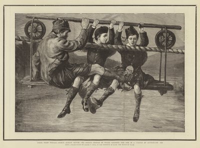 První cesta, princ Albert Victor a princ George z Walesu překračující Dee v kolébce v Abergeldie 1876 od Sydney Prior Hall